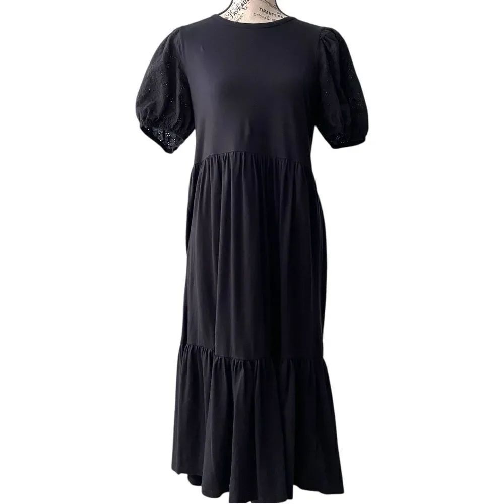 J. Crew Factory Black Crewneck Puff Sleeve Midi Dress in Size XS